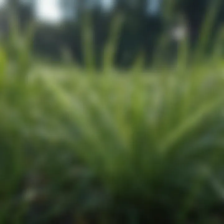 Close-up of healthy grass blades with dew