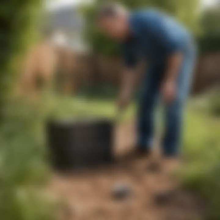 A homeowner observing a mole trap in the yard.