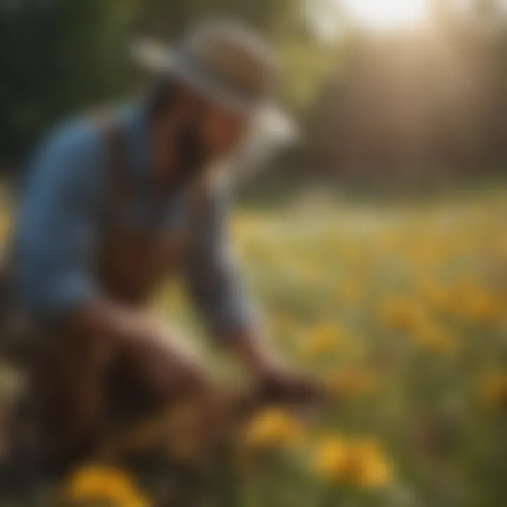 A conservation effort in action, showcasing individuals planting flowers that attract and support bee populations.