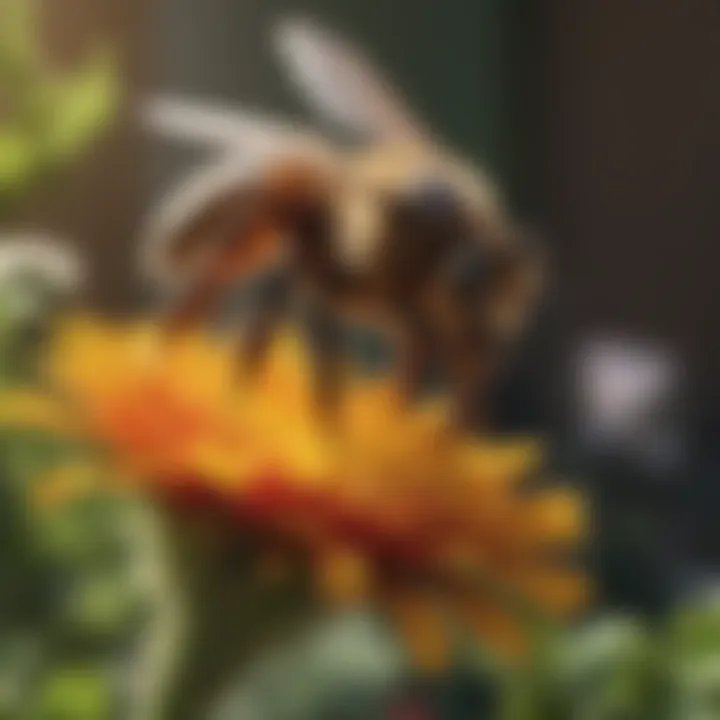 A close-up view of bees pollinating vibrant flowers in a lush garden