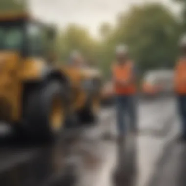 An asphalt job site with workers engaged in various tasks, emphasizing collaboration and skill.