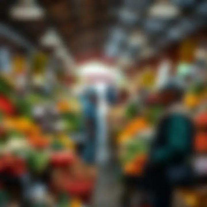 A vibrant marketplace showcasing fresh produce and reseller interactions