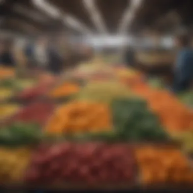 A vibrant market displaying a variety of fresh vegetables and fruits