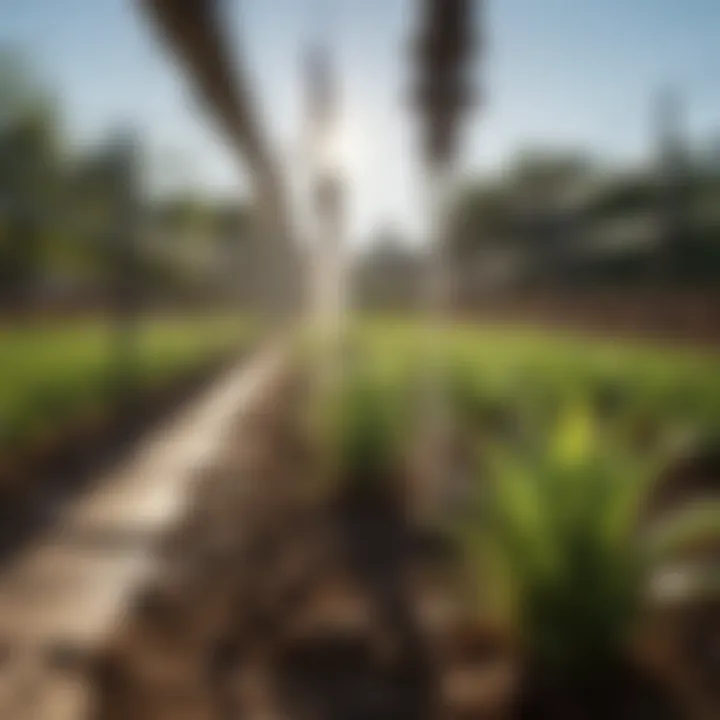 Close-up of a modern drip irrigation system in action