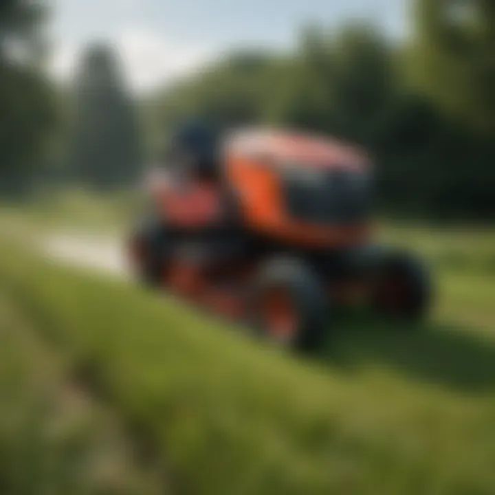 High-performance tracked lawnmower in action on rugged terrain