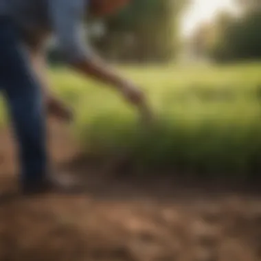 A farmer applying alfalfa meal to enrich soil in a garden