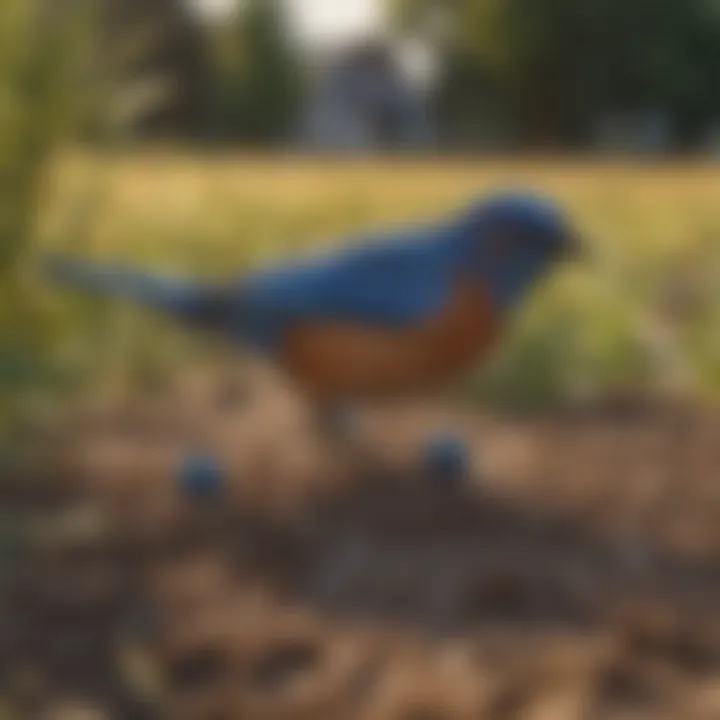 A close-up of bluebird feeding on pests near crops