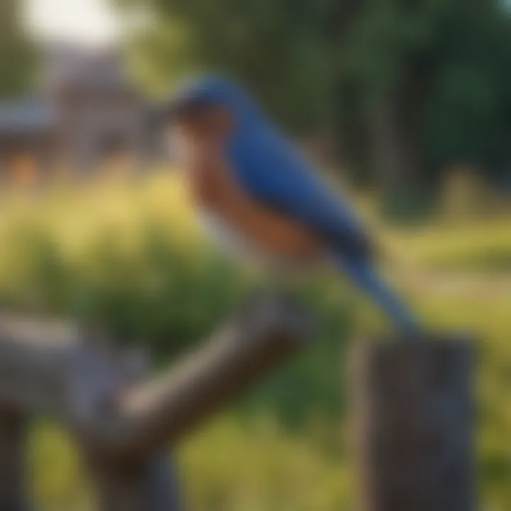 A bluebird perched on a fence post, observing a garden