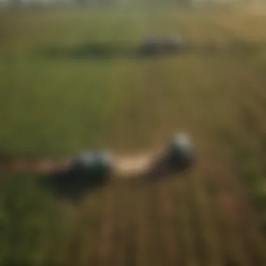 An aerial view of a diverse agricultural landscape showcasing various farming techniques.