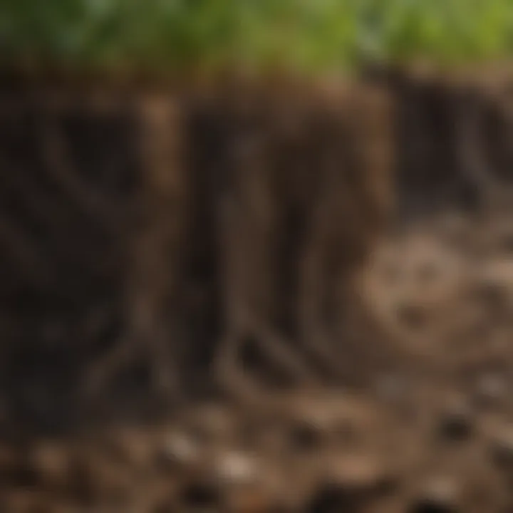 A close-up of soil with roots and microorganisms emphasizing the importance of soil health.