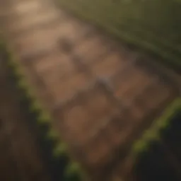 Aerial view of a well-structured drip bed system in a lush agricultural landscape