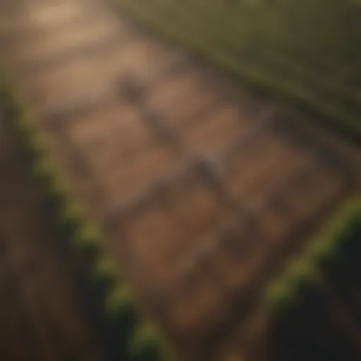 Aerial view of a well-structured drip bed system in a lush agricultural landscape