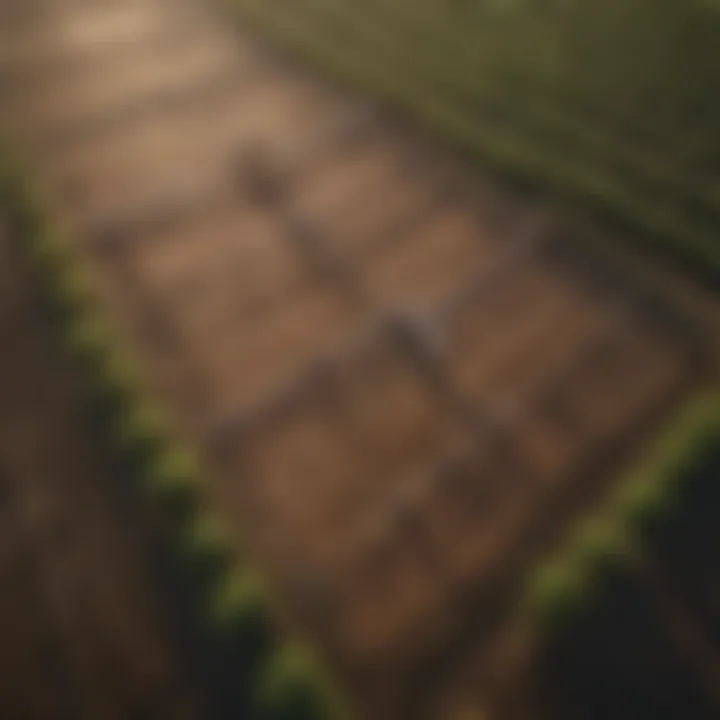 Aerial view of a well-structured drip bed system in a lush agricultural landscape