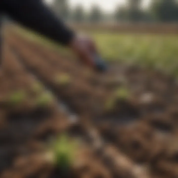 Agronomist analyzing soil moisture levels in a drip bed field