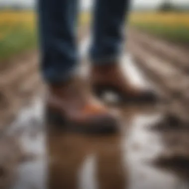 Person wearing dry shod shoes in a wet field