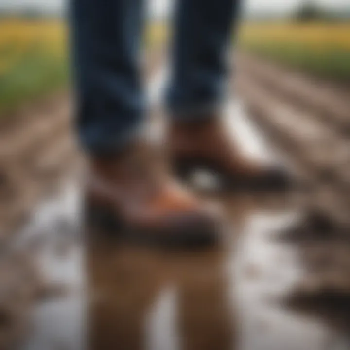 Person wearing dry shod shoes in a wet field