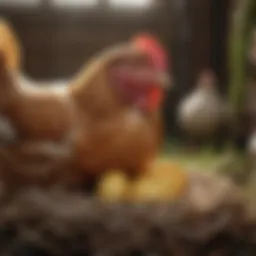 Close-up of a chicken inspecting a nest