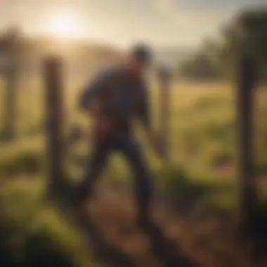 Utilizing a Fence Puller in Agriculture An agricultural worker using a fence puller in a field to set up fencing.