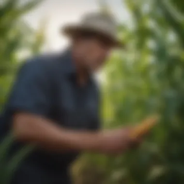 A farmer examining a corn plant with care