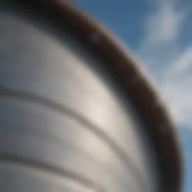 A detailed view of a grain bin top showcasing its structural design and materials.