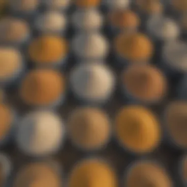 Various types of grain bin tops displayed in an agricultural setting.