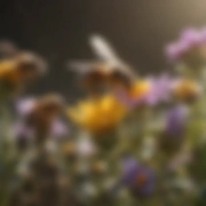 Field of flowers being pollinated by honey bees