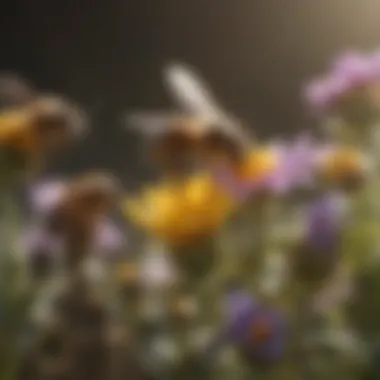 Vital Pollinators: Honey Bees in Action Field of flowers being pollinated by honey bees