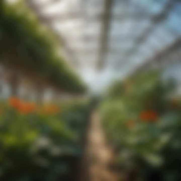 A vibrant display of hydroponically grown plants in a greenhouse environment.
