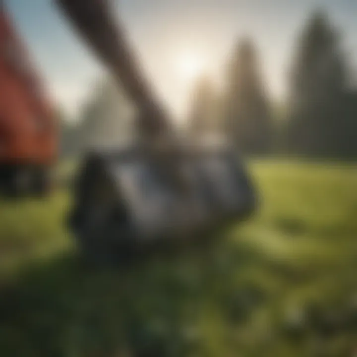 Close-up of grass clippings being collected in a bagger