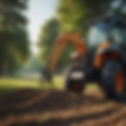Loader fork attached to a compact tractor in an agricultural setting.