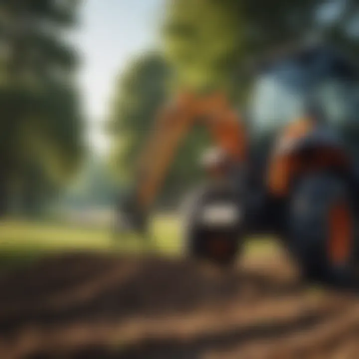 Loader fork attached to a compact tractor in an agricultural setting.