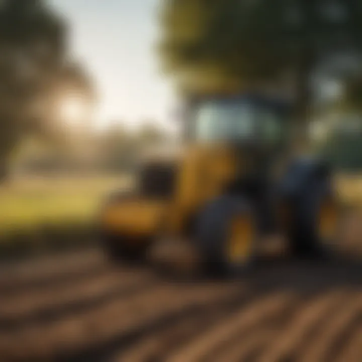 Operator demonstrating the use of loader forks in a field.