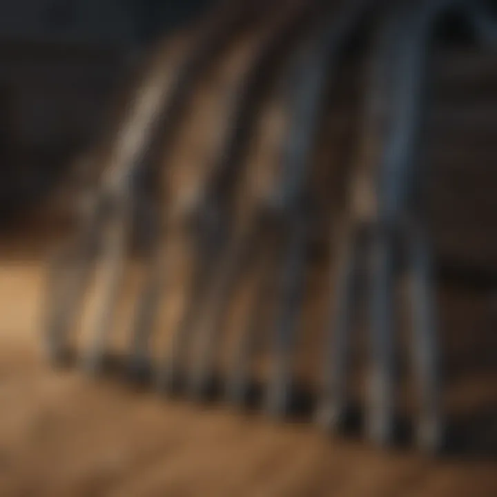 Different types of loader forks displayed on a wooden surface.