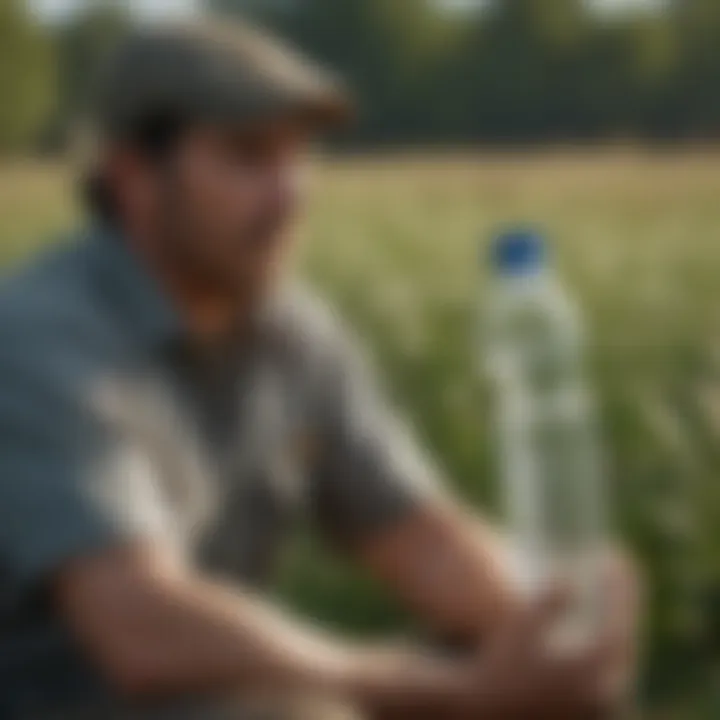 A field worker taking a break with a bottle of muscle relaxers nearby