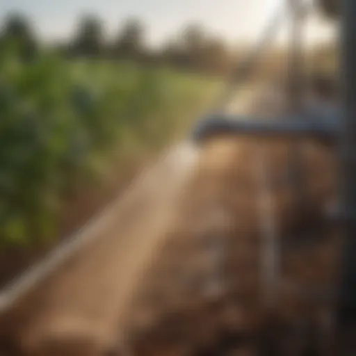 Close-up of drip irrigation system demonstrating water distribution