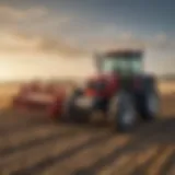 A tractor equipped with a rake attachment in a vast field showcasing its utility.