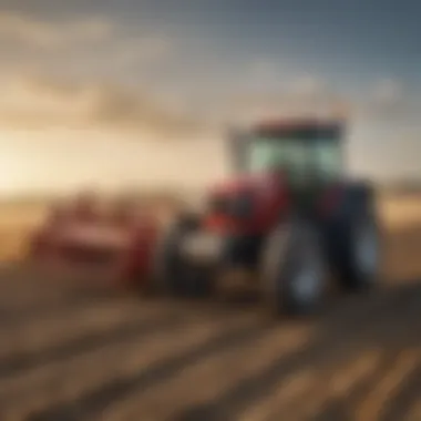 A tractor equipped with a rake attachment in a vast field showcasing its utility.