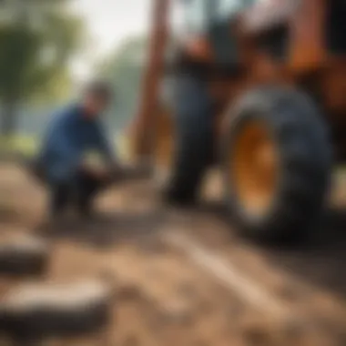 A farmer inspecting a tractor's rock removal attachment on a sunny day