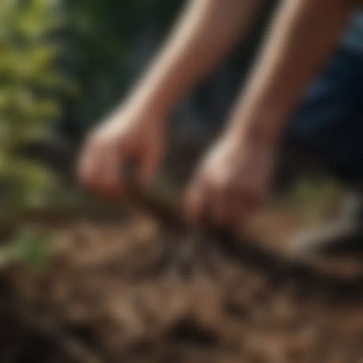 A gardener applying treatment to affected plant roots