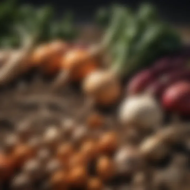 A vibrant display of various root vegetables in a farm setting