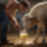 A sheep being milked by a farmer