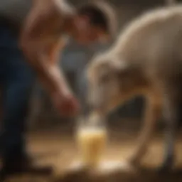 A sheep being milked by a farmer
