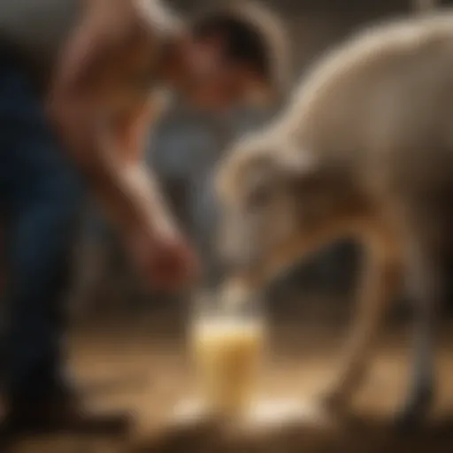 A sheep being milked by a farmer