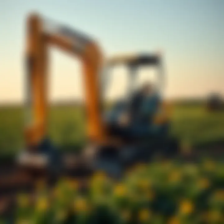Compact excavator operating in an agricultural field