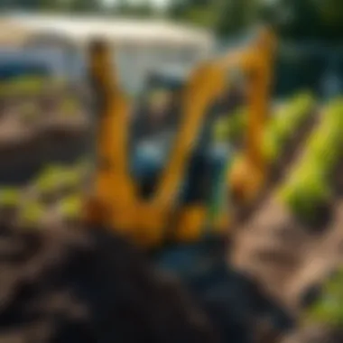 Excavator transporting soil in a horticultural setting