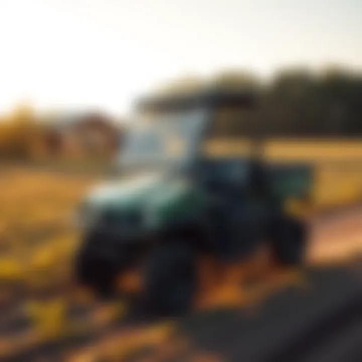 Compact utility vehicle navigating a farm landscape