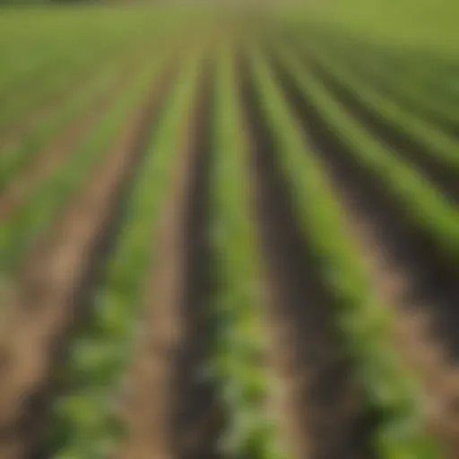 A close-up view of soybean plants highlighting row spacing