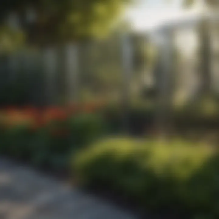 A modern garden featuring stainless steel fence posts as a boundary.