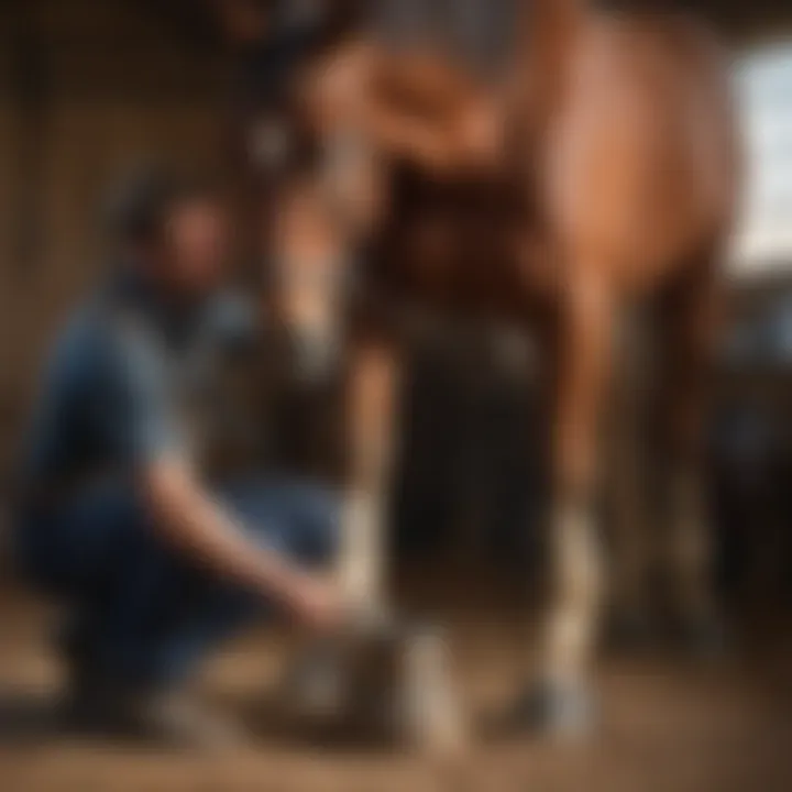A farrier using a brush on a horse's hoof in a stable environment.