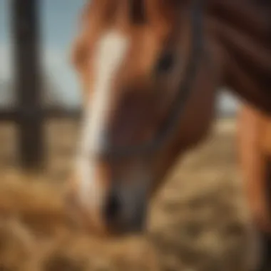 Equine Feeding with a Hay Net Close-up of a horse using a hay net while feeding